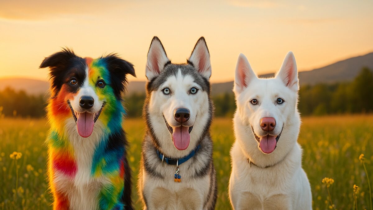 Three smiling dogs, one with a rainbow coat, sitting in a sunny field